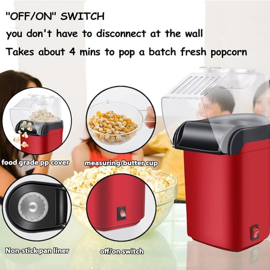 SnelShoppen Retro Hetelucht Popcornmachine Elektrische Popcornmaker Gezonde Caloriearme Popcorn in 3 Minuten Ideaal voor Filmavonden en Feestj