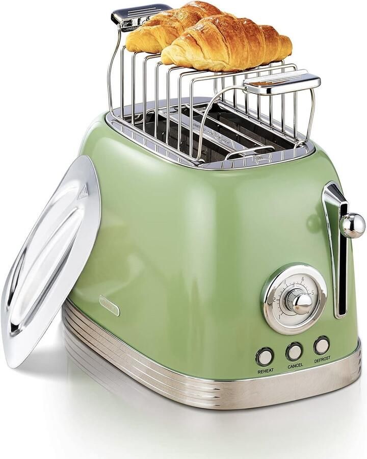 SnelShoppen Retro Toaster 2 Sneden met Broodaccessoire RVS Deksel Voorverwarming Groene Toaster voor Keuken en Ontbijt