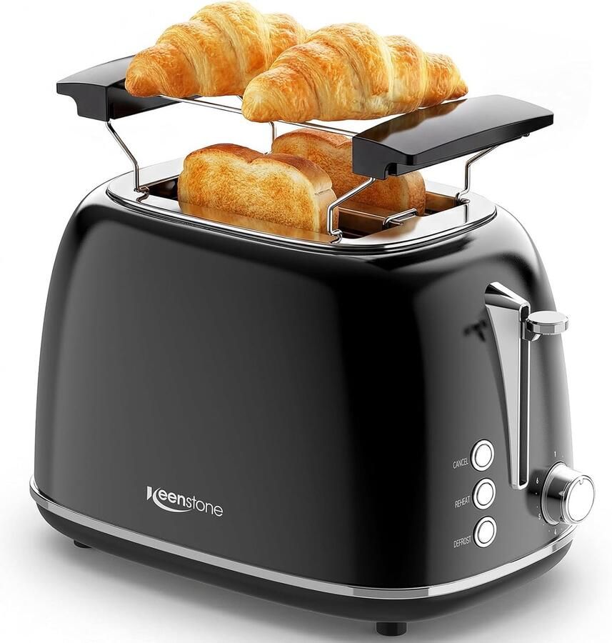 SnelShoppen Retro Toaster 2 Sneden RVS Zwart Extra Brede Sleuven 6 Bruiningsniveaus Verwarm- en Ontdooifunctie Perfect voor Bagels en Toast