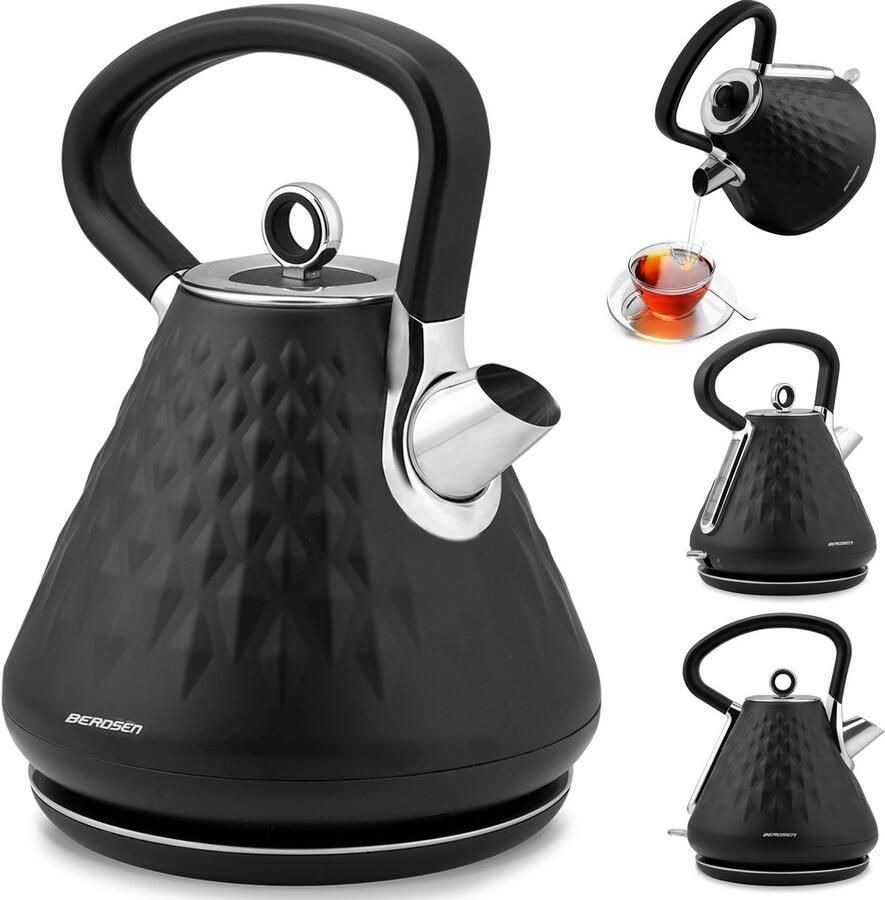 SnelShoppen Retro Vintage Waterkoker 1 7 l Zwarte Waterketel met Antikalkfilter en Droogloopbeveiliging 360° Basis voor Keuken en Thuisgebruik