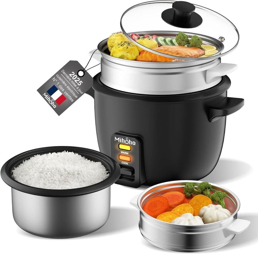 SnelShoppen Rice Cooker 2 L met Stoomfunctie Rijstkoker met Antiaanbaklaag voor Soepen Stoofschotels Muesli Warmhoudfunctie Zwart