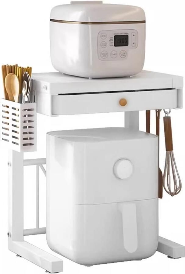 SnelShoppen Rijstkoker Airfryer Organiser Uithangrek met 3 Haken Lades en Bestekopbergmand Wit Keukenaccessoires Multifunctioneel Ruimtebesp