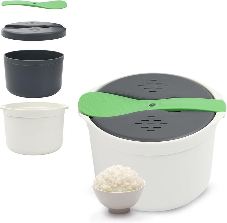 SnelShoppen Rijstkoker Magnetron 2L Noedelkoker met Filterdeksel en Lepel Voor Granen Pasta en Groenten Groene Magnetronrijstkoker voor Keuke