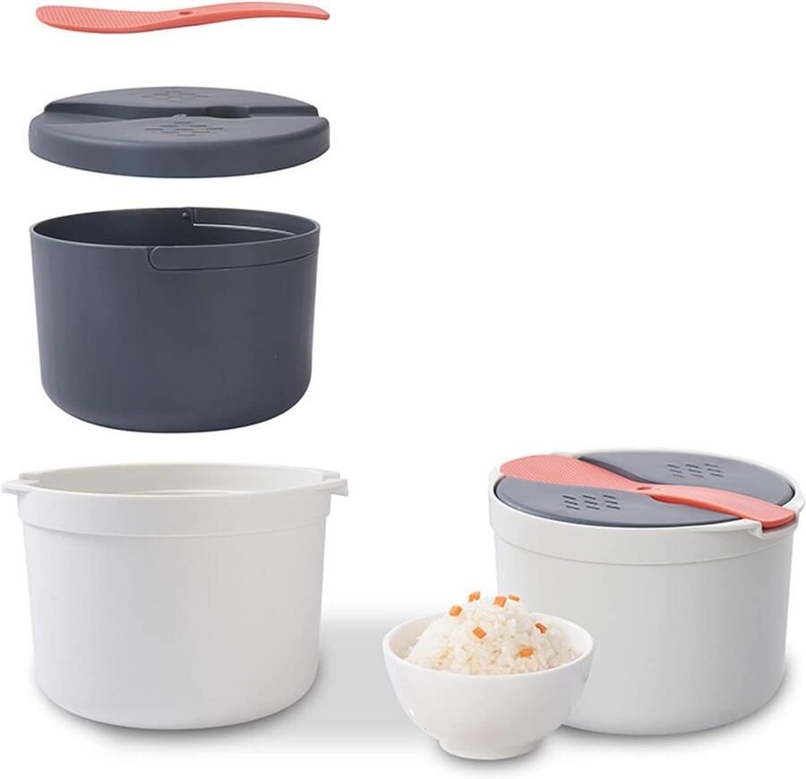 SnelShoppen Rijstkoker voor Magnetron 2L BPA-vrij PP Rijstkokerset met Deksel Rijstlepel Zeef en Stoompan Ideaal voor Keuken & Camping