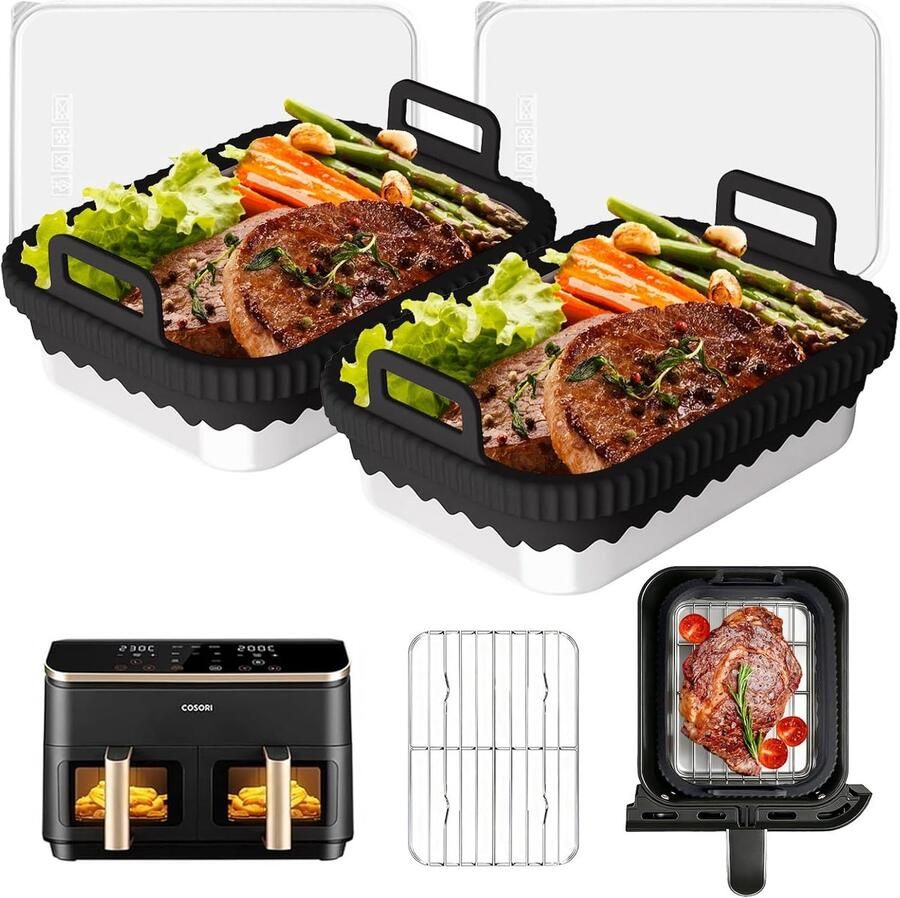 SnelShoppen Roestvrijstalen ovenvormen & grillroosters voor heteluchtfriteuse 2 stuks zwart met deksel Perfecte pasvorm voor Ninja en COSORI K