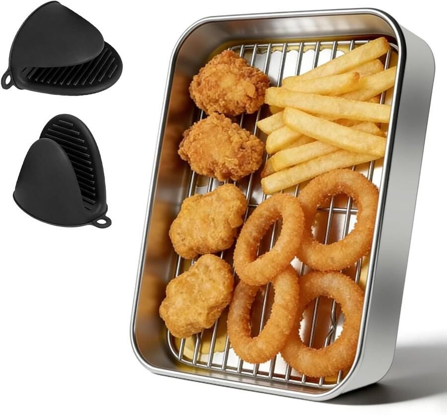SnelShoppen RVS Bakvorm voor Airfryer met Bakrooster en 2 Hittebestendige Handvatten BPA-vrij Geurloos Geschikt voor Ninja en Cosori Airfryer - Foto 1