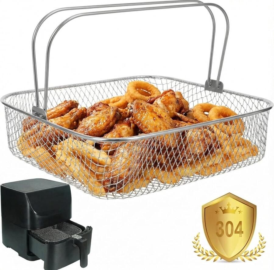 SnelShoppen RVS Frituurmand met Handvat voor Airfryer 20.5 x 20.5 x 6.5 cm Gezond Koken Crispy Gerechten Keuken Accessoires Frituurmand voor Ge