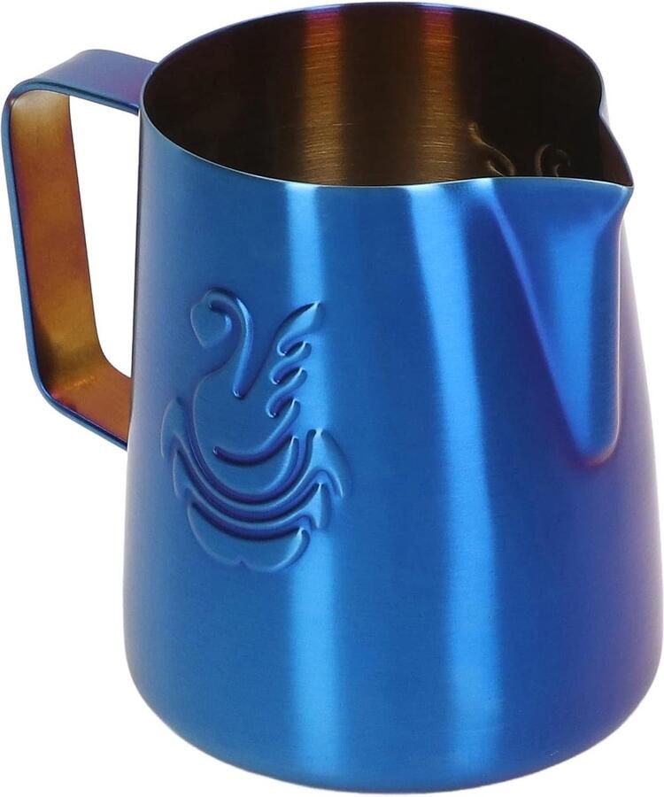 SnelShoppen RVS Melkopschuimer Kan 380ml met Tuit Uniek Zwanenontwerp Kleurrijke Handgreep Voor Koffieliefhebbers en Barista's (Blauw)