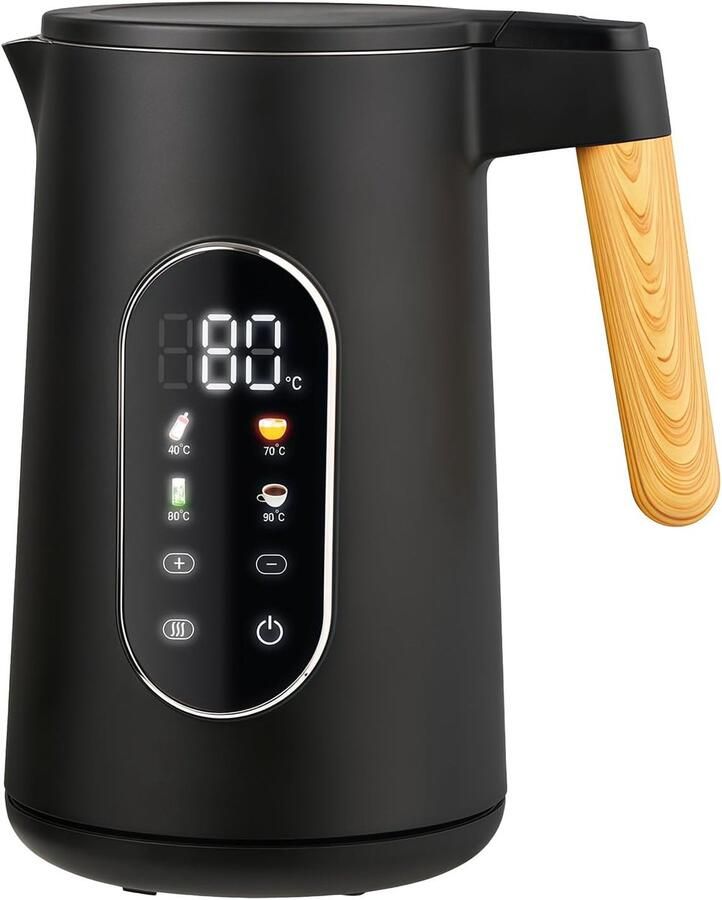SnelShoppen RVS Waterkoker met Temperatuurinstelling 1.7L Dubbelwandig Digitale Temperatuur 40-100°C Elektrische Kettle met Warmhoudfunctie BPA