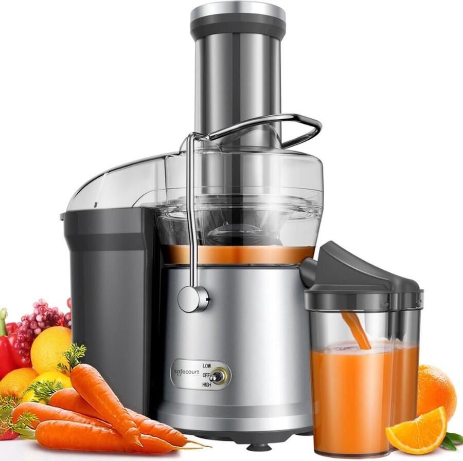 SnelShoppen Safecourt Slowjuicer Sapcentrifuge met Extra Grote Vulopening Juicer voor Groenten & Fruit BPA-vrij 3 Snelheden 1200 Watt Ti