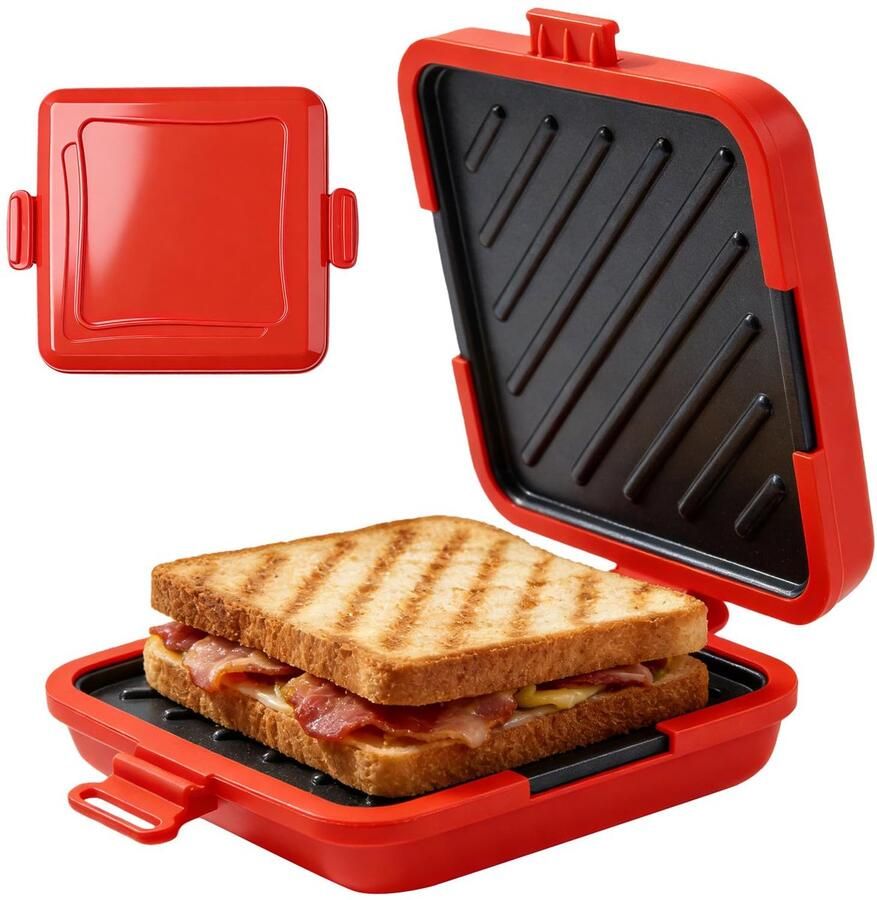 SnelShoppen Sandwichmaker en Wafelijzer Magnetron Geschikt Draadloze Broodrooster met Anti-aanbaklaag en Antiaanbakplaten Rood Ideaal voor Keu