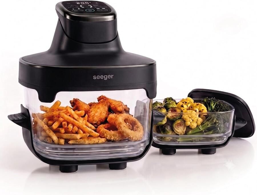 SnelShoppen Seeger ClearFry Glazen Airfryer PFAS-Vrij 6 Programma's Temperatuur 140°F tot 392°F 2.5L + 4.5L Glazen Containers Zwart