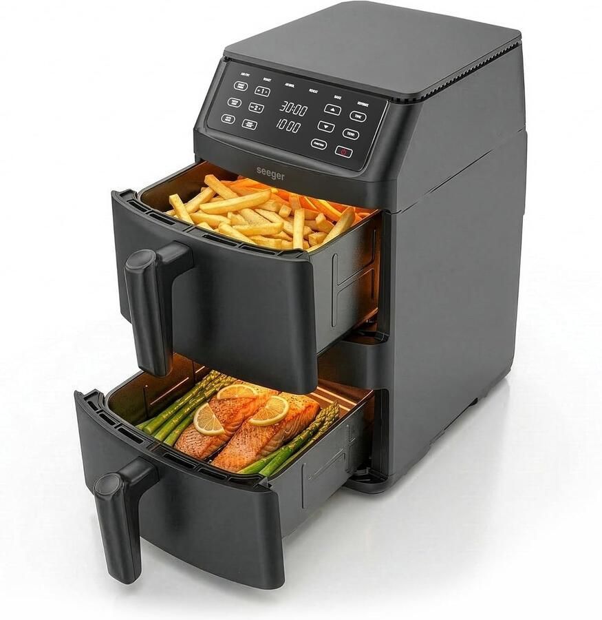 SnelShoppen Seeger Dubbele Airfryer 11 liter 6 kookprogramma's Temperatuurbereik 30°C 220°C PFAS-vrij Gestapelde lades Voor 10 personen