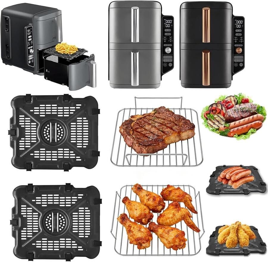 SnelShoppen Set van 2 Air Fryer Accessoires met 2 Herbruikbare RVS Rasters BPA Vrij Geschikt voor Dubbele Zone Air Fryer Vervanging voor Bakpapie