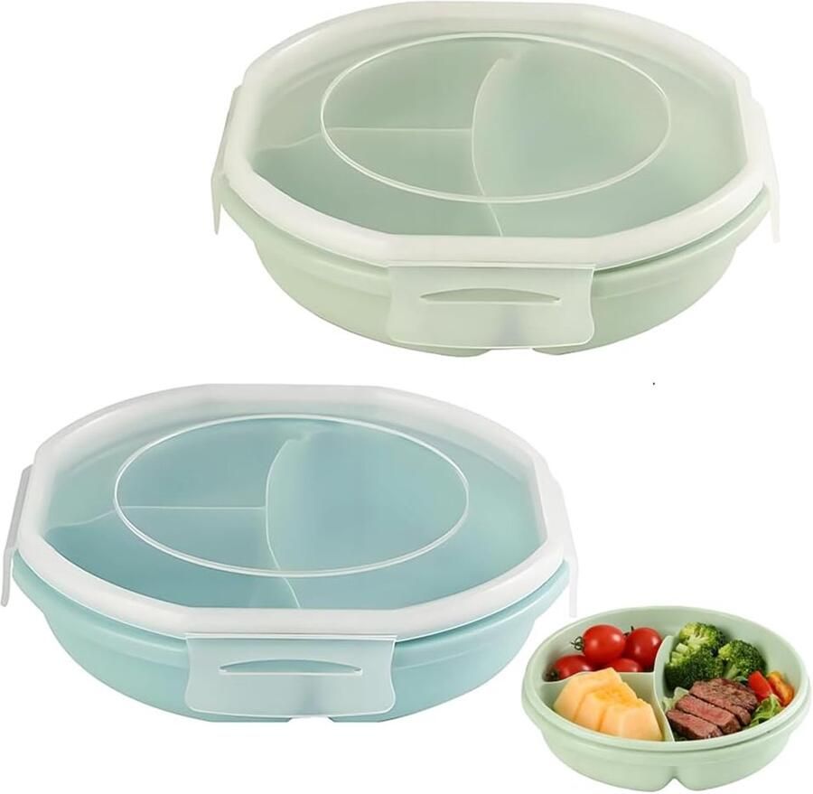 SnelShoppen Set van 2 Magnetron Borden met Deksel Magnetron Servies met Ventilatie Voedselopslagbox met 3 Compartimenten Ideaal voor Koelkast en