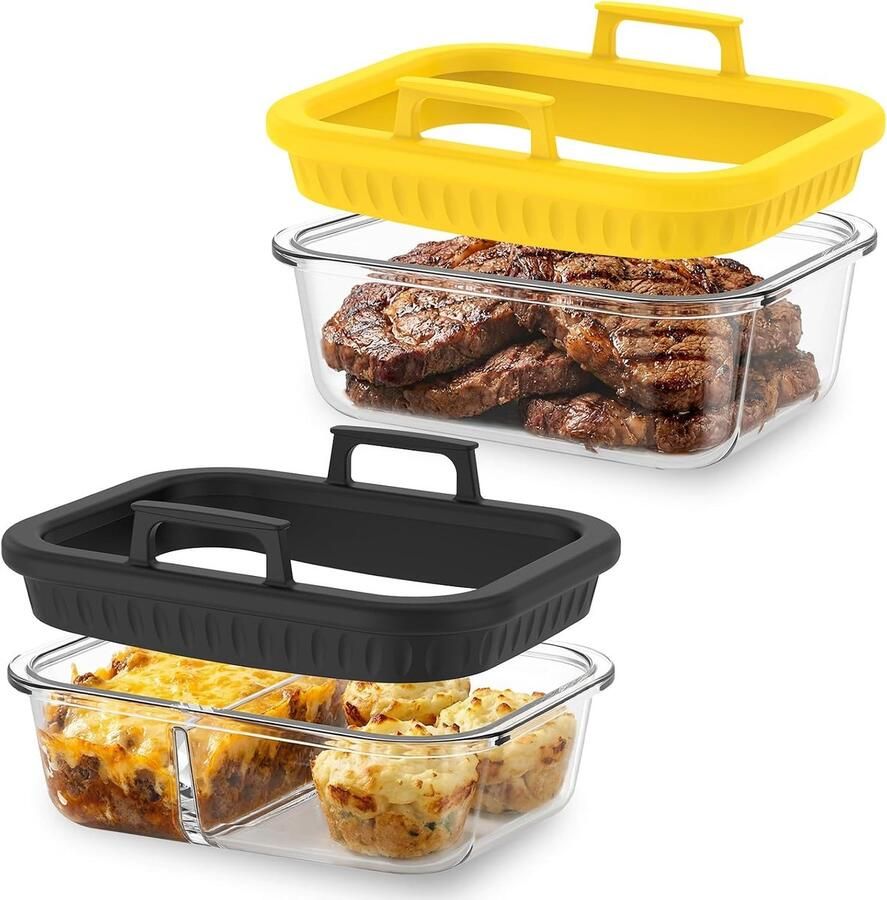 SnelShoppen Set van 2 Ovenvormen Airfryer Glas 1100 ml met Siliconen Handgrepen Hittebestendige Bakvormen voor Heteluchtfriteuse Glazen Containers