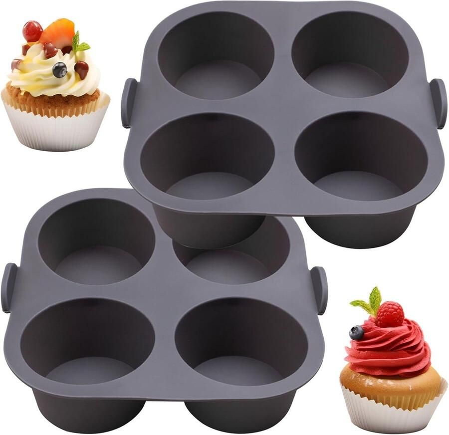 SnelShoppen Set van 2 Siliconen Muffinvormen 4 Containers Grijs Antiaanbak Coating voor Muffins Cupcakes Desserts Oven en Airfryer Keukenacces