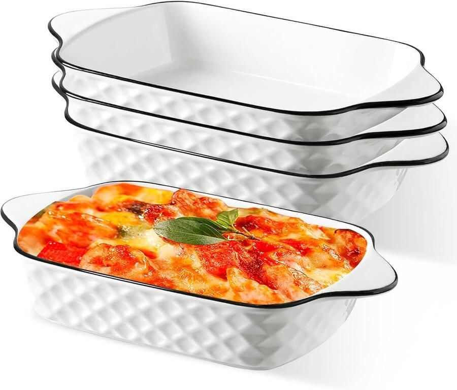 SnelShoppen Set van 4 kleine bakvormpjes hoogwaardige keramische ovenschaaltjes met handvatten geschikt voor oven magnetron en airfryer ideaa