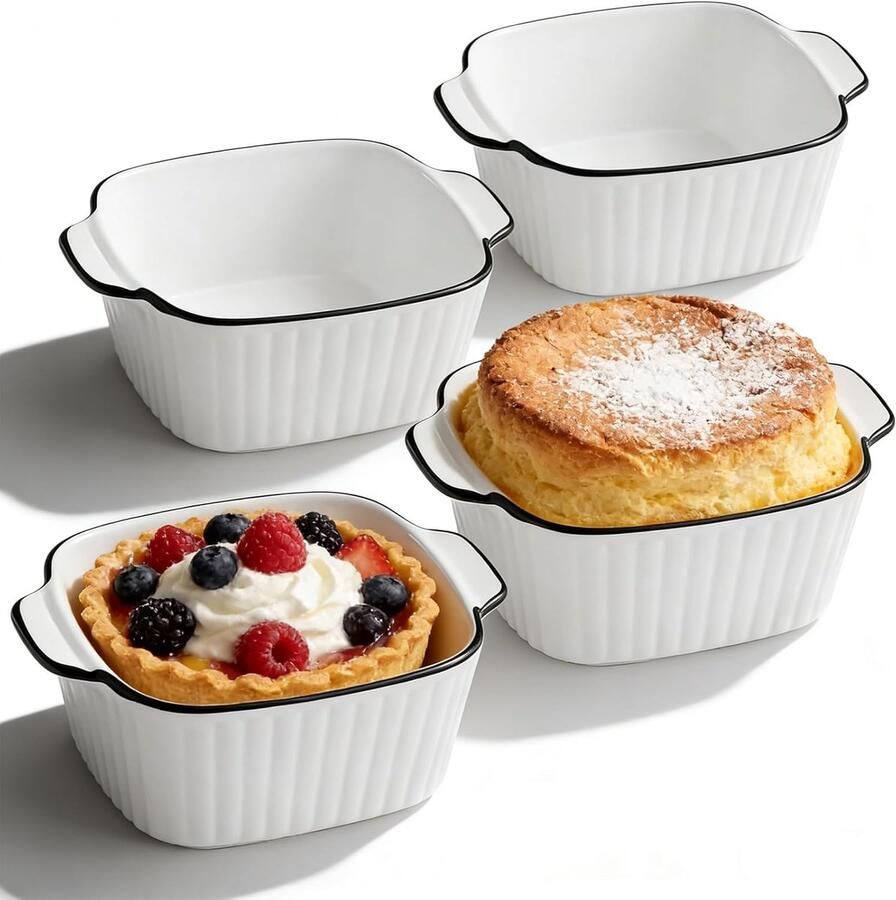 SnelShoppen Set van 4 vierkante keramische borden 14 5 cm Hitzebestendig PFOA-vrij voor oven airfryer en magnetron met handgrepen Gezond kok