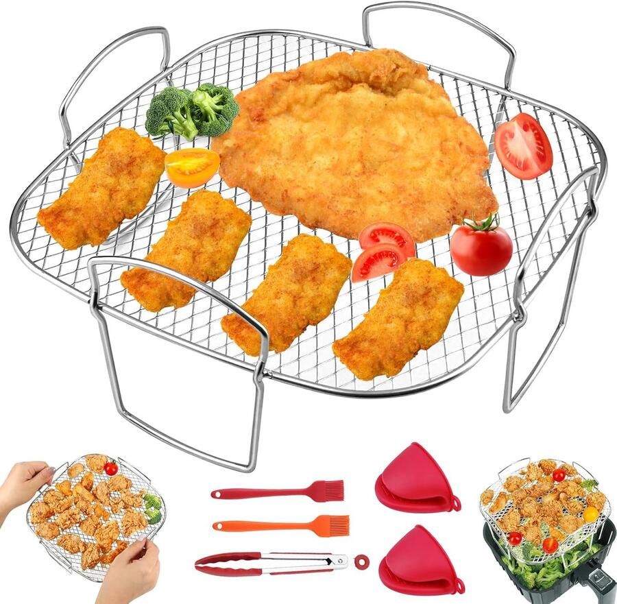 SnelShoppen Set van 6 Grillroosters Airfryer RVS voor Airfryer Oven Stoom Drogen 21 x 21 x 9 5 cm Keukenaccessoires