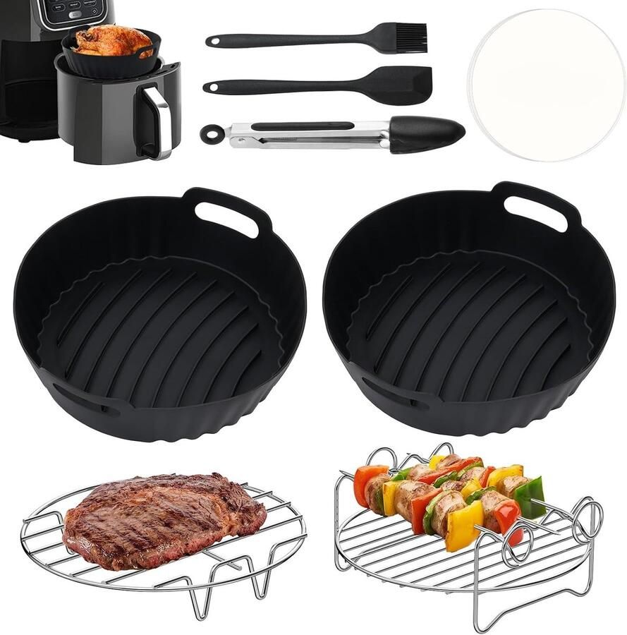 SnelShoppen Set van 8 Ronde Siliconen Airfryer Liners & Accessoires Geschikt voor de meeste Airfryers Herbruikbare Airfryer Onderzetters BBQ Ko