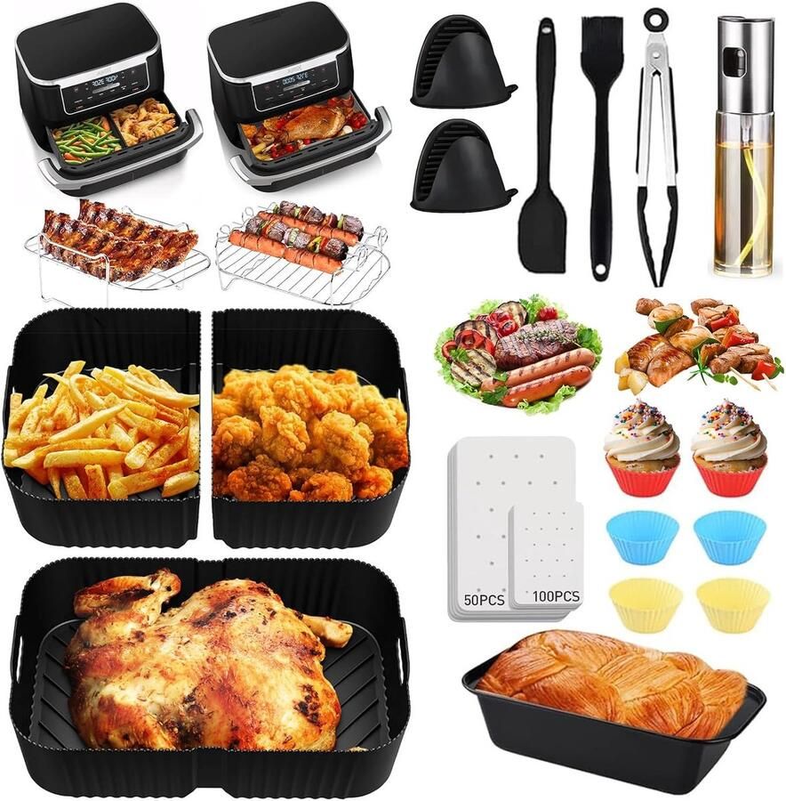SnelShoppen Silicone Bakvorm Set voor Air Fryer 20-delige Accessoires voor Ninja Foodi Flex AF500EU 3 Siliconen Mallen 10.4L & 5.2L Bakpapier