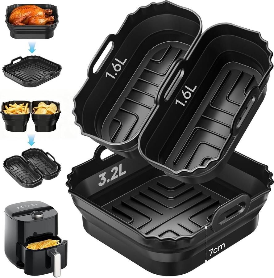 SnelShoppen Siliconen vormen voor Air Fryer 3 stuks opvouwbaar extra dik herbruikbaar wasbaar 100% BPA-vrij accessoires voor luchtfriteuse zw