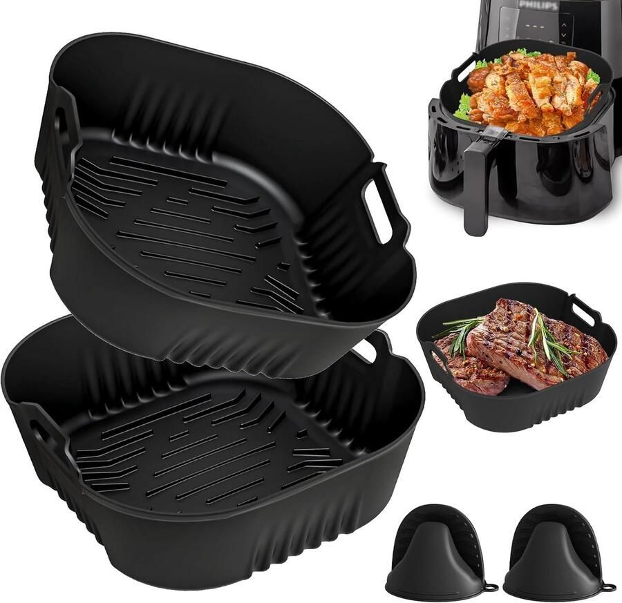 SnelShoppen Siliconenvorm voor Heteluchtfriteuse 4 Stuks Herbruikbare Siliconen Bakvormen voor Airfryer Inclusief Ovenwantjes Geschikt voor 6