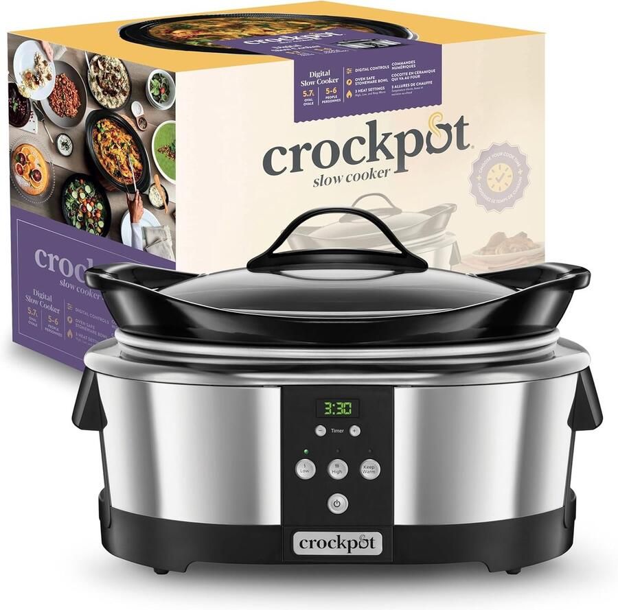 SnelShoppen Slow Cooker 5.7L met Digitale Countdown Timer 20 Uur Instelbaar Automatische Warmhoudfunctie Geschikt voor 6 Personen Ovenbestendige