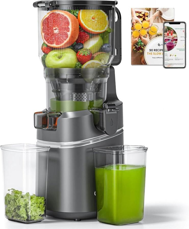 SnelShoppen Slow Juicer 250W Automatische Koudgeperste Sapcentrifuge met 150 mm XL Vulopening 2 Liter Inhoud Drievoudig Filter Grijs voor Keuke