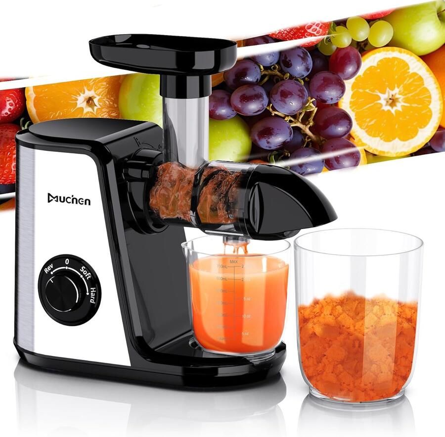 SnelShoppen Slow Juicer voor Fruit en Groenten 150W Stille Motor Twee Snelheden RVS Design in Zwart en Zilver Inclusief Receptenboek Perfect