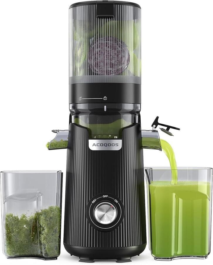 SnelShoppen Slow Juicer voor Hele Fruit en Groenten 135 mm Voeropening 1.8 L Inhoud Eenvoudig Schoon te Maken Elektrische Juicer Zwart met 2 Gla