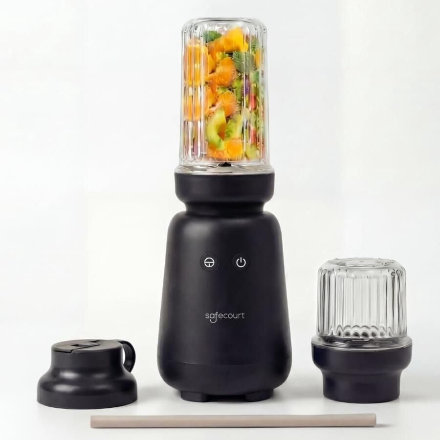 SnelShoppen Smoothie Maker 1000W BPA vrij Met To-Go Drinkdeksel + Rietje Premium Tritan Blenderbekers Zwart Perfect voor Keuken Feest en