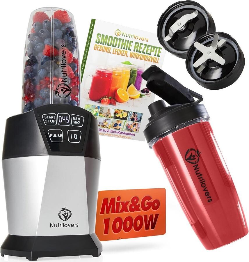 SnelShoppen Smoothie Maker To Go 1000 Watt Mixer met Auto-IQ BPA-vrij Inclusief Receptenboek 2 Bekers Mes en Deksel voor Smoothies Sappen en D