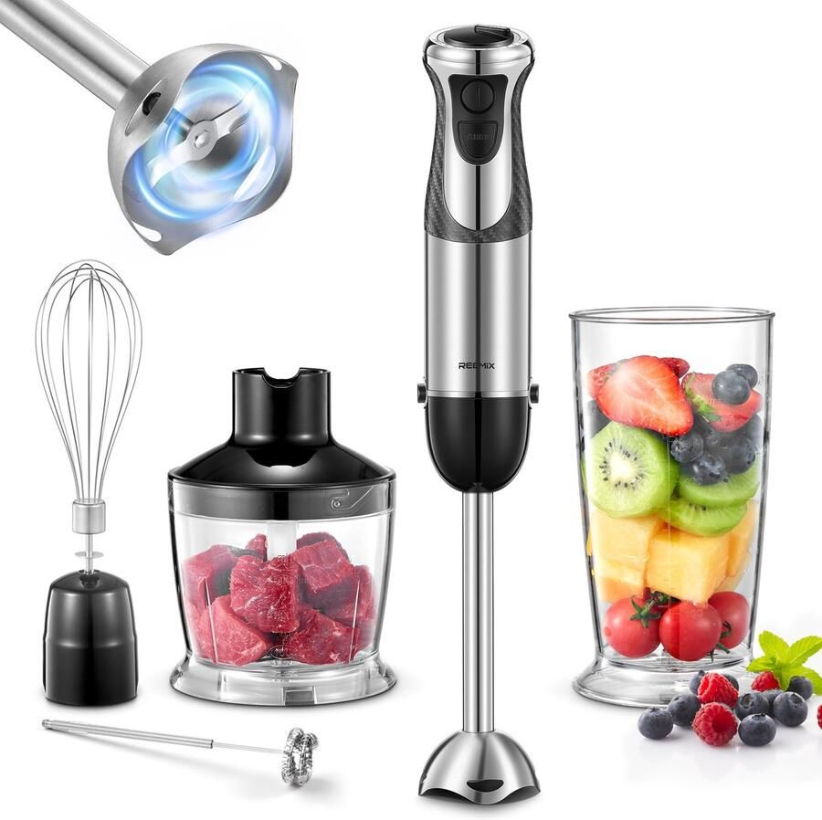 SnelShoppen Staafmixer 5-in-1 Roestvrij Staal 1000 W met 12 Snelheden en Turbo-modi Inclusief Garde Melkopschuimer 500 ml Voedselhakmolen en Maat