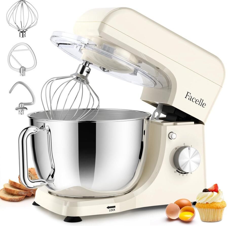 SnelShoppen Stand Mixer Wit 5.5L Keukenmachine met 6 Snelheden en Kneedhaak voor Bakken Mixen Kloppen Perfect voor Taarten en Brood