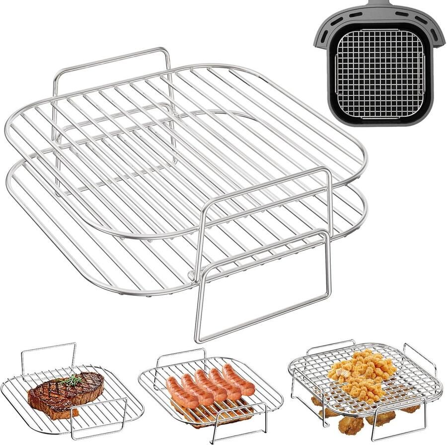 SnelShoppen Stapelbaar Grillrooster voor Airfryer Accessoires 2 Stuks Roestvrij Staal Geschikt voor 5-8 3L Mand Perfect voor Keuken Feest en B