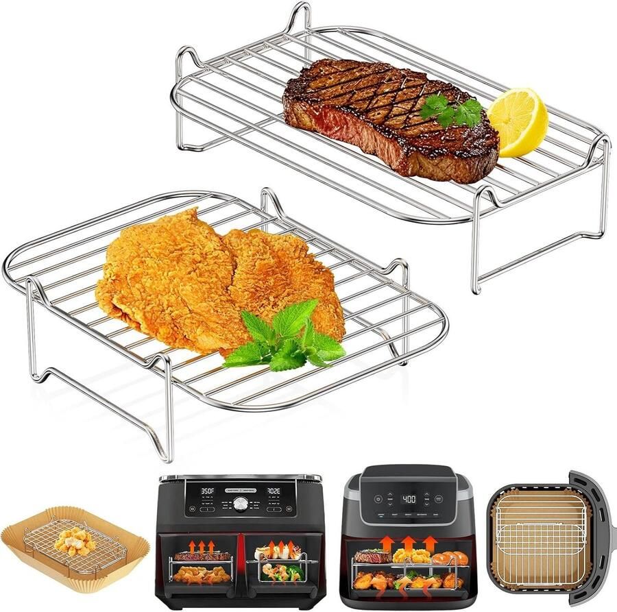 SnelShoppen Stapelbaar Grillrooster voor Heteluchtfriteuse 2-delige Set Roestvrij Staal Compatibel met 7 6L-10L Airfryers Ideaal voor Keuken