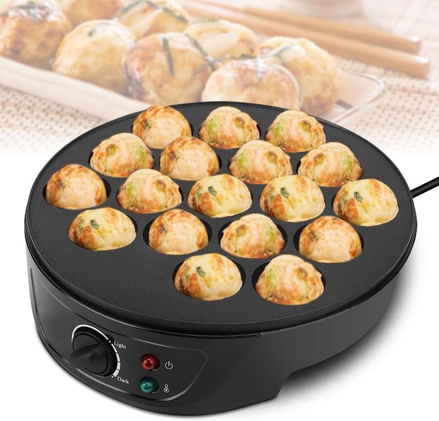 SnelShoppen Takoyaki Elektrische Pan met 18 Gaten Gietijzeren Pannenkoekenmaker voor Japanse Takoyaki Ideaal voor Feestjes en Gezellige Avonden