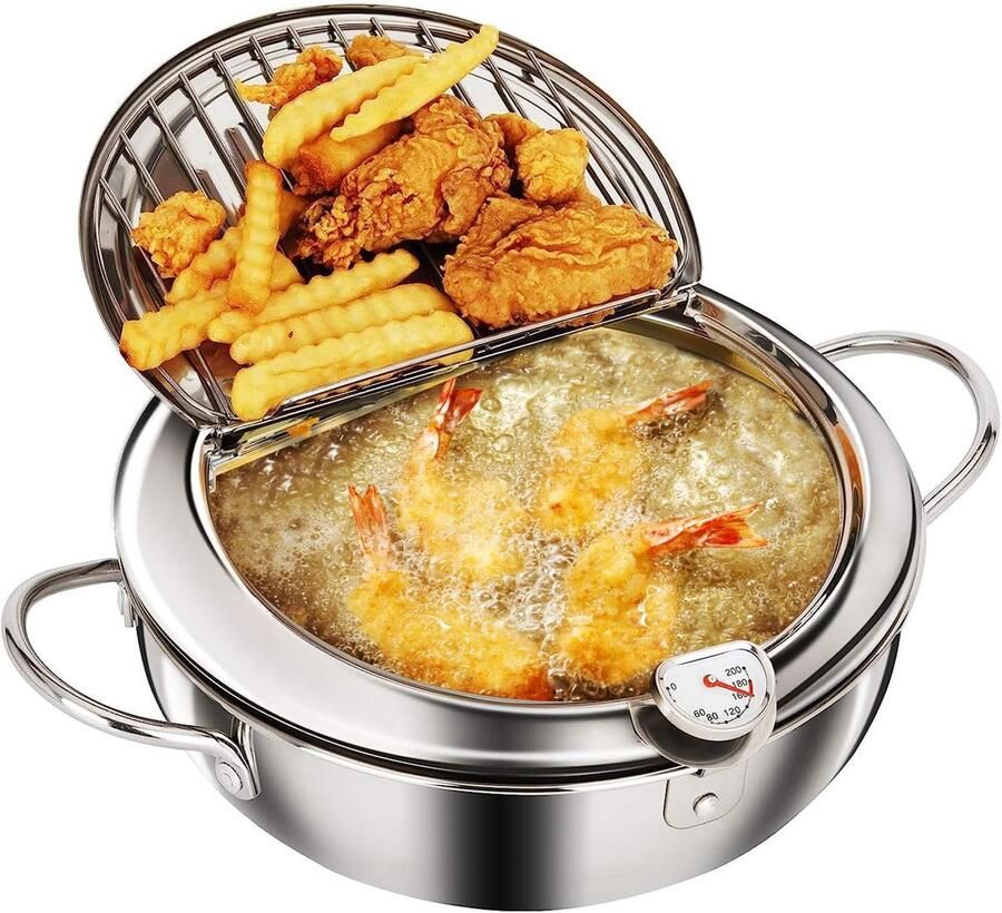 SnelShoppen Tempura Frituurpan RVS met Deksel en Olie Druprek Japanse Stijl Frituurpan met Thermometer Geschikt voor Inductiekookplaat (Klein 20