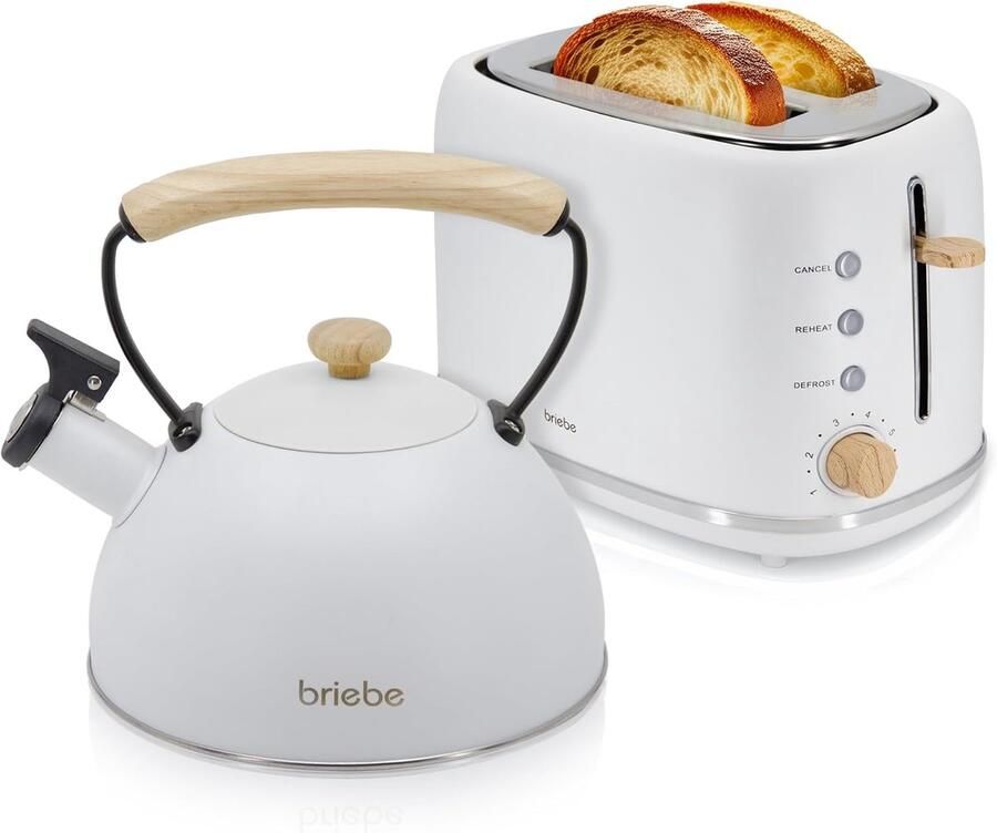 SnelShoppen Toaster en Waterkoker Set 2 Sleuven 6 Toastniveaus + Inductie Waterkoker 2.3L Fluitketel RVS BPA-vrij Ontbijt Set Scandinavisch Des