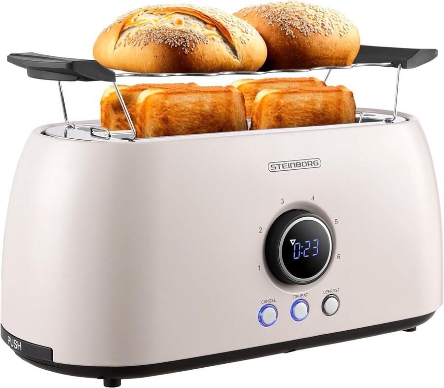 SnelShoppen Toaster voor 4 Sneden met Automatische Uitschakeling Dubbele Sleuf LED Display Beige Koel-Touch Huis Perfect voor Keuken en Ontbijt
