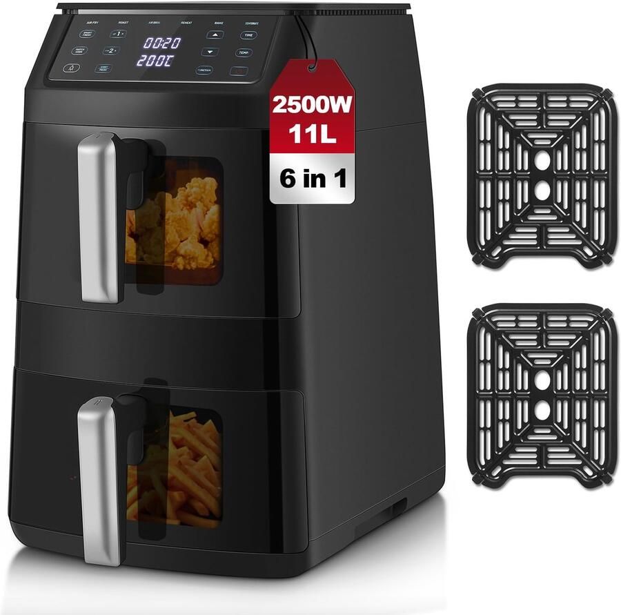 SnelShoppen TopStrong Air Fryer 11L Friteuse Zonder Olie met 2 Kijkladen Compact Design 2500W 40-220°C 6 Kookfuncties voor Gezond Koken in Keuk
