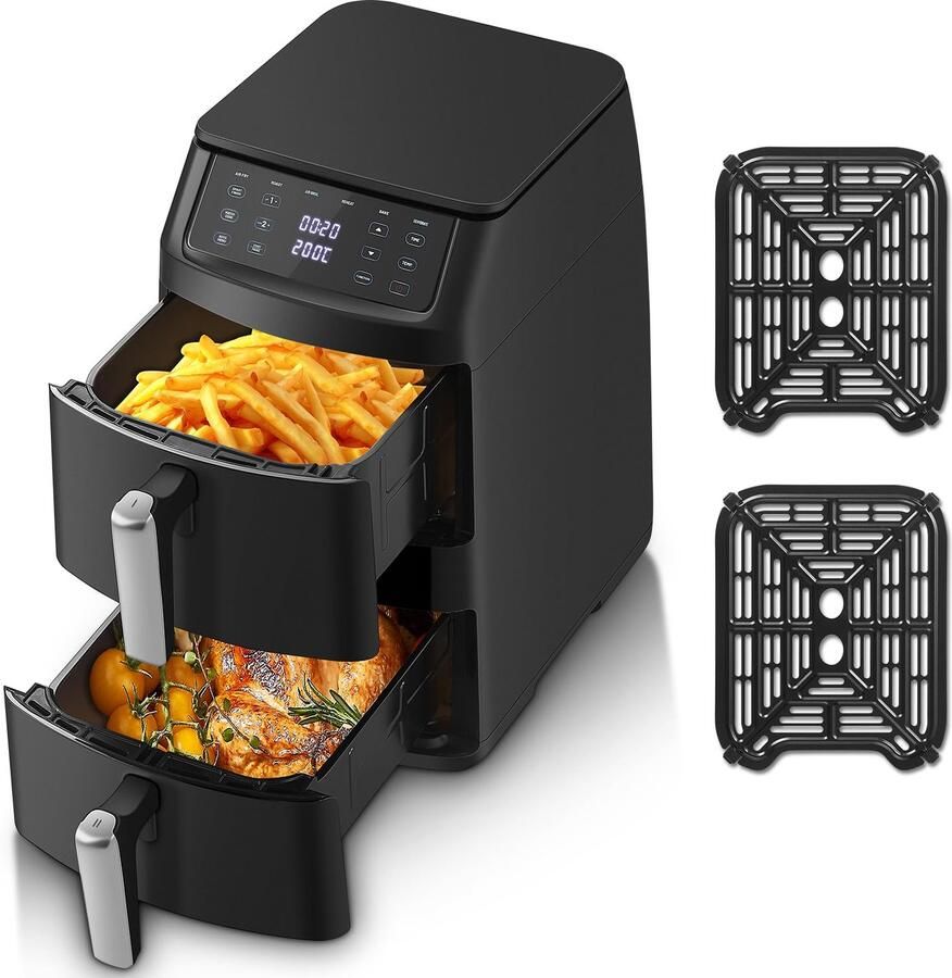 SnelShoppen TopStrong Heteluchtfriteuse 2 kamers verticaal 11 liter dubbele stapel ruimtebesparend ontwerp 6 functies en 8 recepten vaatwasse