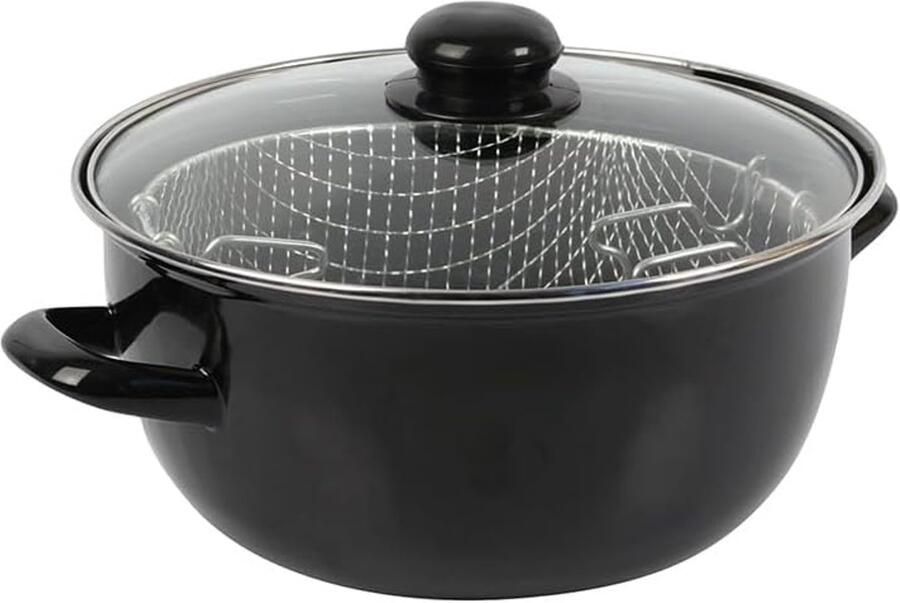 SnelShoppen Traditionele Friteuse 20 cm Emaille Staal met Mand en Glazen Deksel Authentieke Gouden en Knapperige Frieten Geschikt voor Alle Hi