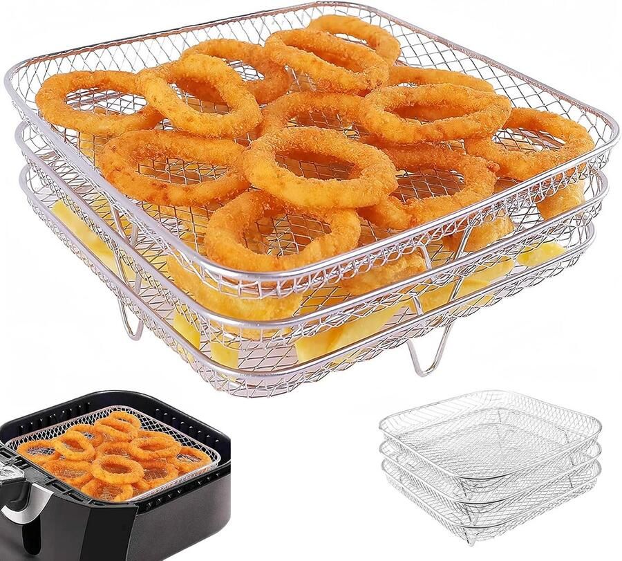 SnelShoppen Triple Air Fryer Rack 20.8 x 20.8 x 9.5 cm 304 RVS Stapelbare Air Fryer Accessoires Grillrooster voor Oven Magnetron Bakken Keuken