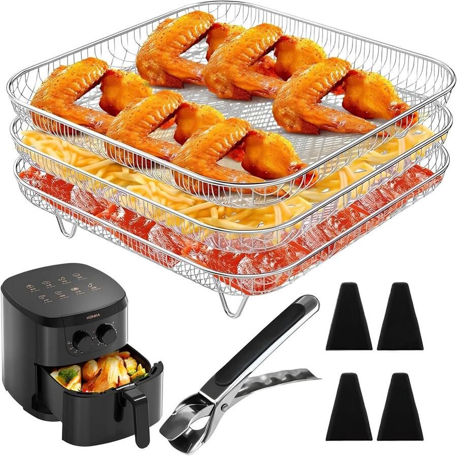 SnelShoppen Triple Air Fryer Rack 3-Tier Stackable Air Fryer Rack Hoogwaardige RVS Air Fryer Accessoires voor Vierkante Air Fryer Dehydrator en