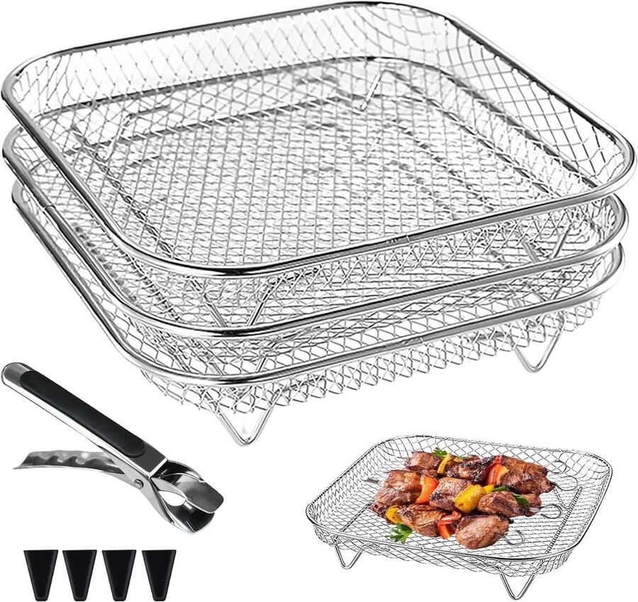 SnelShoppen Triple Air Fryer Rack Stapelbare 304 RVS Air Fryer Rek 3-laags Kookaccessoire voor Oven Barbecue en Air Fryer 21x21x9.2 cm
