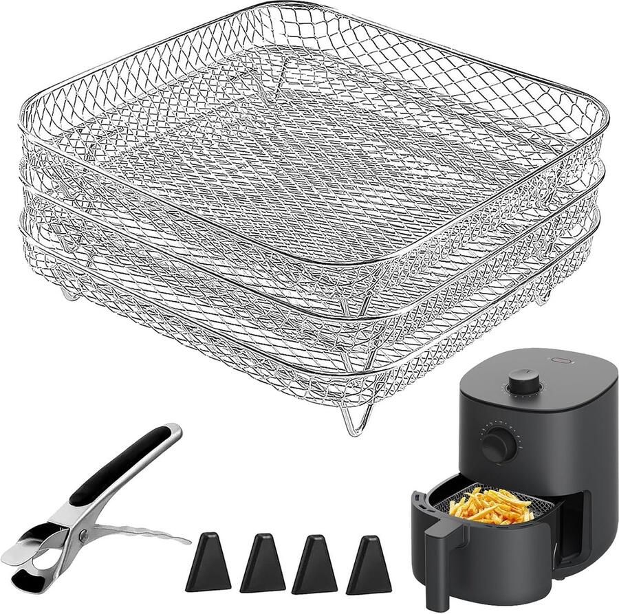 SnelShoppen Triple Air Fryer Rack Stapelbare Air Fryer Accessoires van 304 RVS Voor Efficiënt Koken in Oven Barbecue & Air Fryer 21x21x9.2cm