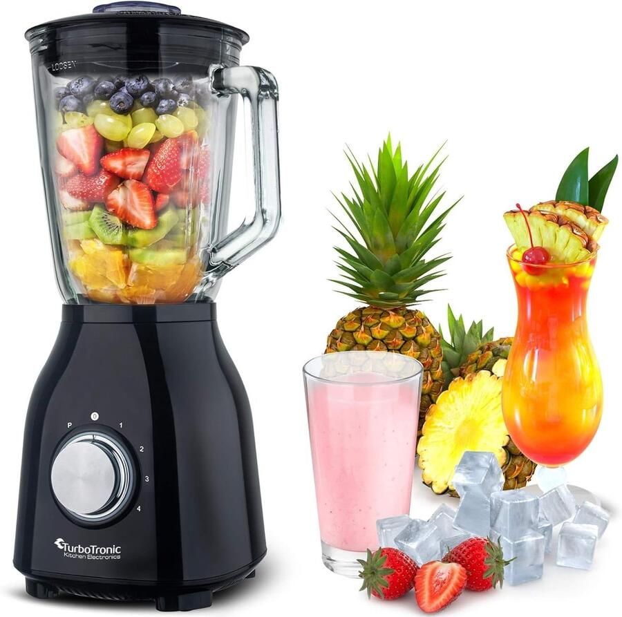 SnelShoppen TurboBlender 1400W Smoothie Blender met Glazen Kan BPA Vrij Roestvrijstalen Zwart Ideaal voor Smoothies Milkshakes en IJs
